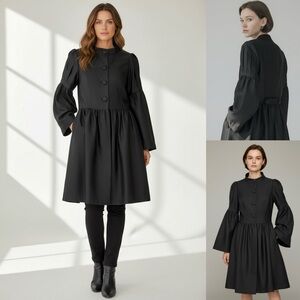 OLEG CASSINI Cardigan Buttoned Trench Coat Dress  High Neck Bell Sleeve Pockets